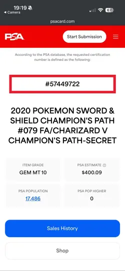Charizard V - 79/73 - Champions Path - SWSH - Pokemon TCG - PSA 10 - Image 2