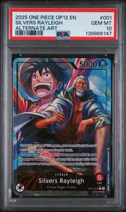 2025 ONE PIECE OP12-LEGACY OF THE MASTER #001 SILVERS RAYLEIGH ALT ART PSA 10 GM - Image 1