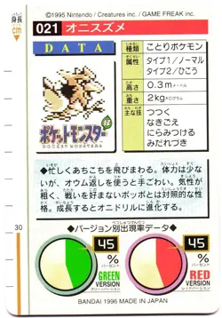 Pokemon Japanese Spearow Bandai Carddass Vending Red Version No. 021 - Image 3