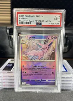 2025 POKEMON PRE EN-PRISMATIC EVOLUTIONS MASTER BALL REVERSE HOLO ESPEON PSA 9 - Image 1