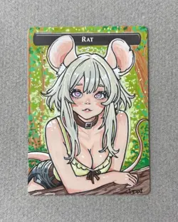 Magic MTG Altered Painted Rat Token Anime Girl by white_alters - Image 1