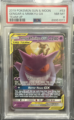 2019 POKEMON SUN & MOON TEAM UP #53 GENGAR & MIMIKYU GX PSA 8 - Image 1