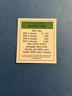 1998 Monopoly Property Deed Card PACIFIC AVENUE Game Piece Part - Image 1