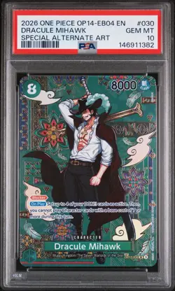 PSA 10 GEM MINT - ENG One Piece OP12-030 Dracule Mihawk OP14-EB 04 SP Alt Art SR - Image 1