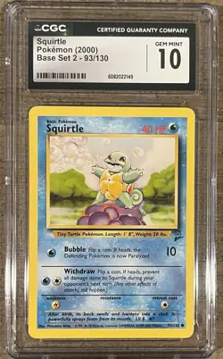 2000 Pokemon Base Set 2 Squirtle 93/130 CGC Gem Mint 10 Vintage WOTC - Image 1