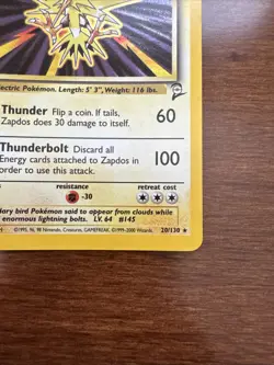 Pokemon TCG Zapdos Holo Rare Unlimited Card 20/130 Base Set 2 - Image 4