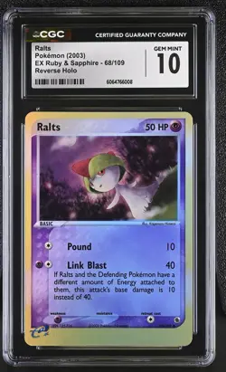 CGC 10 GEM MINT Ralts 2003 EX Ruby & Sapphire 68/109 Reverse Holo Pokemon Card - Image 1