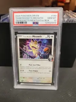 2025 Pokemon Destined Rivals Team Rocket's Mewtwo Ex Box Meowth #149 PSA 10 - Image 1