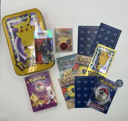 Vintage Pokemon TCG Lot—Pikachu Tin—Booster Box—Coins—Damage Counters—Stickers+ - Image 1