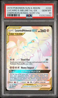 2019 POKEMON SUN & MOON UNBROKEN BONDS FULL ART/LUCARIO & MELMETAL GX PSA 10 - Image 1