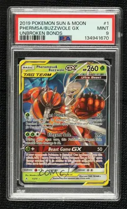 Pheromosa & Buzzwole GX Pokemon Sun & Moon Unbroken Bonds PSA 9 MINT - Image 1