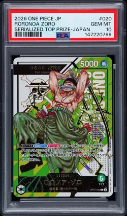 2026 ONE PIECE JAPANESE SERIALIZED TOP PRIZE #020 RORONOA ZORO 686/2700 PSA 10 - Image 1