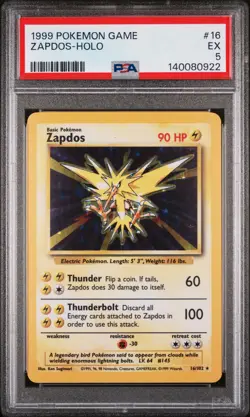 1999 POKEMON BASE SET UNLIMITED #16 ZAPDOS-HOLO PSA 5 - Image 1