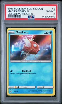 2019 POKEMON SUN & MOON DETECTIVE PIKACHU #8 MAGIKARP-HOLO PSA 8 - Image 1