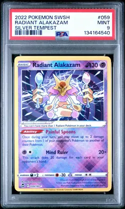 2022 POKEMON SWORD & SHIELD SILVER TEMPEST #059 RADIANT ALAKAZAM PSA 9 - Image 1
