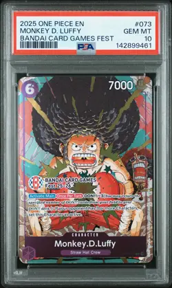 2025 ONE PIECE PROMOS BANDAI CARD GAMES FEST #073 MONKEY D. LUFFY PSA 10 - Image 1
