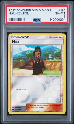 2017 POKEMON SUN & MOON #120 HAU-REVERSE FOIL PSA 8 - Image 1