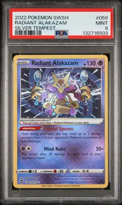 2022 POKEMON SWORD & SHIELD SILVER TEMPEST #059 RADIANT ALAKAZAM PSA 9 - Image 1