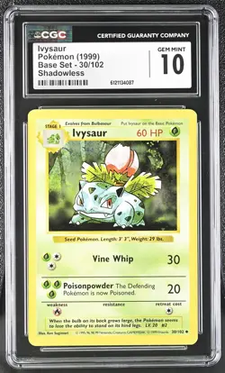 CGC 10 GEM MINT Ivysaur 1999 Base Set 30/102 Shadowless Pokemon Card - Image 1
