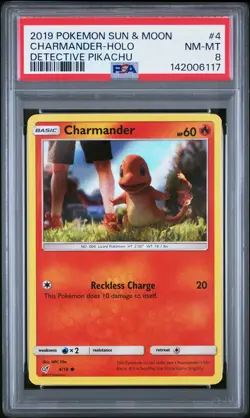 2019 POKEMON SUN & MOON DETECTIVE PIKACHU #4 CHARMANDER-HOLO PSA 8 - Image 1