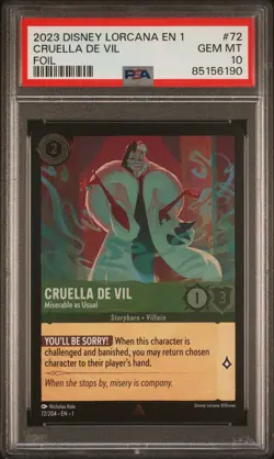 2023 DISNEY LORCANA FIRST CHAPTER FOIL CRUELLA DE VIL MISERABLE AS USUAL PSA 10 - Image 1