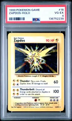 1999 POKEMON BASE SET UNLIMITED #16 ZAPDOS-HOLO PSA 4 - Image 1