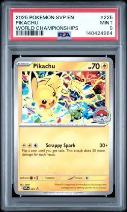 2025 POKEMON SVP EN-SV BLACK STAR PROMO WORLD CHAMPIONSHIPS #225 PIKACHU PSA 9 - Image 1