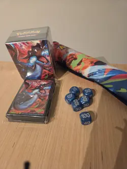 Mega Charizard UPC Game Mat, Charizard Metal Coin, Card Sleeves , And Deck Box! - Image 1