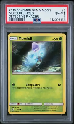 2019 POKEMON SUN & MOON DETECTIVE PIKACHU #3 MORELULL-HOLO PSA 8 - Image 1