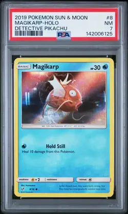 2019 POKEMON SUN & MOON DETECTIVE PIKACHU #8 MAGIKARP-HOLO PSA 7 - Image 1