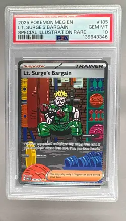 3346 Lt. Surge's Bargain 2025 Pokemon Mega Evolution #185 PSA 10 - Image 1