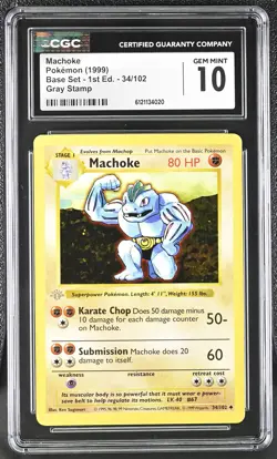 CGC 10 Machoke Base Set Shadowless 1st Edition 34/102 Gray Stamp Pokemon Card - Image 1