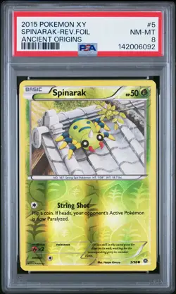 2015 POKEMON XY ANCIENT ORIGINS #5 SPINARAK-REVERSE FOIL PSA 8 - Image 1