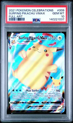 2021 POKEMON CELEBRATIONS #009 FULL ART/SURFING PIKACHU VMAX PSA 10 - Image 1