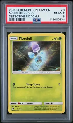 2019 POKEMON SUN & MOON DETECTIVE PIKACHU #3 MORELULL-HOLO PSA 8 - Image 1