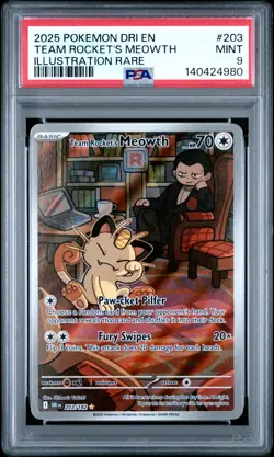 2025 POKEMON DRI EN-DESTINED RIVALS ILLUSTRATION RARE TEAM ROCKET'S MEOWTH PSA 9 - Image 1