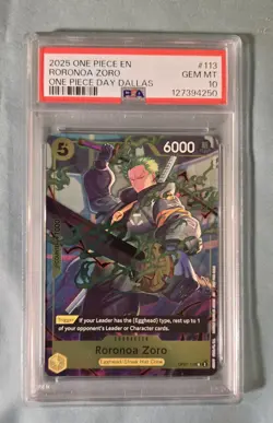 2025 ONE PIECE OP07-113 RORONOA ZORO ONE PIECE DAY DALLAS PROMO ENGLISH PSA 10 - Image 1