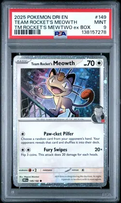 2025 POKEMON DRI TEAM ROCKET'S MEWTWO EX BOX #149 TEAM ROCKET'S MEOWTH PSA 9 - Image 1