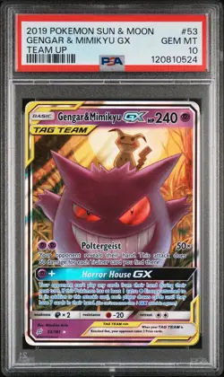 2019 POKEMON SUN & MOON TEAM UP #53 GENGAR & MIMIKYU GX PSA 10 - Image 1