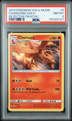 2019 POKEMON SUN & MOON DETECTIVE PIKACHU #5 CHARIZARD-HOLO PSA 8 - Image 1