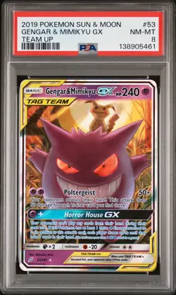 2019 POKEMON SUN & MOON TEAM UP #53 GENGAR & MIMIKYU GX PSA 8 - Image 1