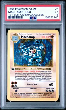 1999 POKEMON BASE SET 1ST EDITION-SHADOWLESS #8 MACHAMP-HOLO PSA 5 - Image 1
