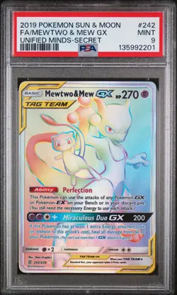 2019 POKEMON SUN & MOON UNIFIED MINDS SECRET #242 FULL ART/MEWTWO & MEW GX PSA 9 - Image 1