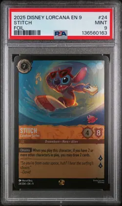 2025 DISNEY LORCANA EN 9-FABLED FOIL #24 STITCH - CAREFREE SURFER PSA 9 - Image 1