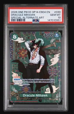 ONE PIECE card OP12-030 Dracule Mihawk OP14-EB 04 SP Alt Art SR PSA 10 GEM MINT - Image 1