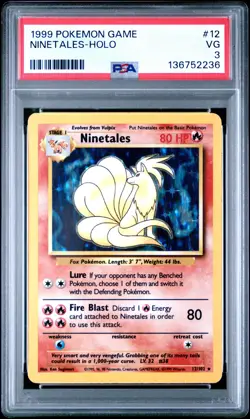 1999 POKEMON BASE SET UNLIMITED #12 NINETALES-HOLO PSA 3 - Image 1