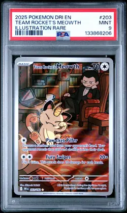2025 POKEMON DRI EN-DESTINED RIVALS ILLUSTRATION RARE TEAM ROCKET'S MEOWTH PSA 9 - Image 1