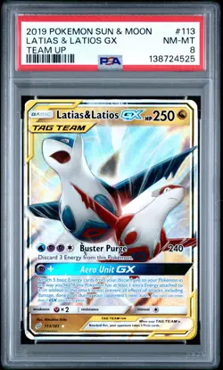 2019 POKEMON SUN & MOON TEAM UP #113 LATIAS & LATIOS GX PSA 8 - Image 1