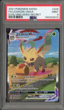 2021 Pokemon SWSH Evolving Skies Full Art Leafeon VMAX Secret #205 PSA 9 MINT - Image 1