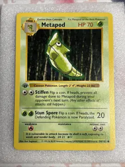 Pokemon Metapod 54/102. 1999 Shadowless Base Set 1st LP - Image 1